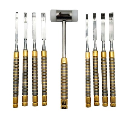 Dental Chisel Set Of 9Pcs And Mallet For Bone Splitting Gold With ...