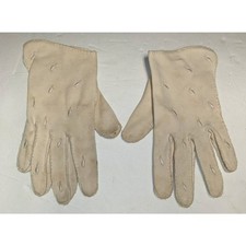 Vintage Ivory Cream Handsewn Shorties Embroidered Leaves Faux Doeskin Gloves