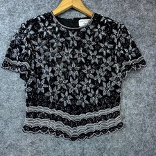Vintage Papell Boutique Evening Blouse Top Womens Small Black Floral Silk Beaded