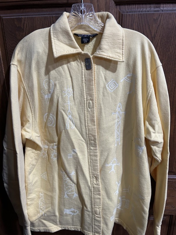 BFOFO Design Inc L Yellow Button Up Cardigan Jacket Aztec Design Lagenlook