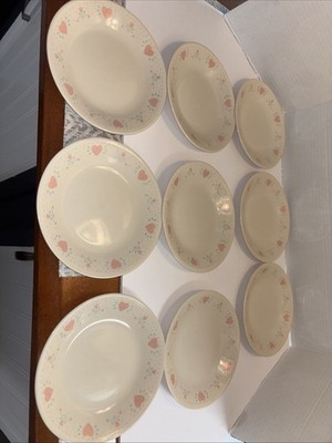 Set of 9 Corelle Forever Yours Bread / Butter Dessert Plates Pink Hearts 6 3/4''