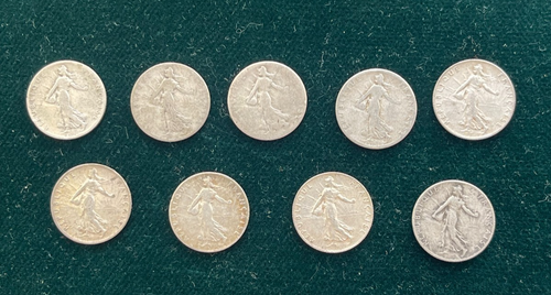 Lot 9 monnaies 50 cts Semeuse 1898/ 99/ 1900/ 06/ 08/ 09/ 10/ 12/ 13. TB- à TB - Foto 2 di 2