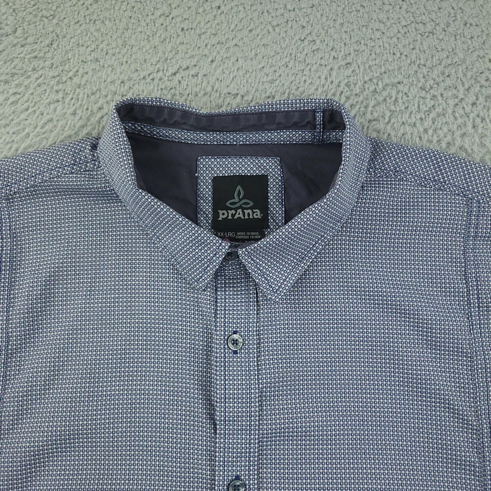 PrAna Shirt Mens 2XL Blue Geometric Organic Cotton Short Sleeve Button Front