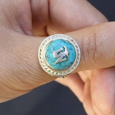 Tibetan Natural Turquoise Gemstone Inlay Carved Mantra OM Weaving Amulet Ring