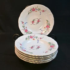 KPM Silesia Poland 6 Rimmed Soup Bowls Wavel Floral Sprays Roses w/Gold 1950's