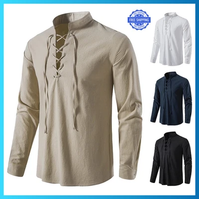 Chemise homme coton lin à lacets vintage décontractée à manches longues Tee... - Photo 1/4