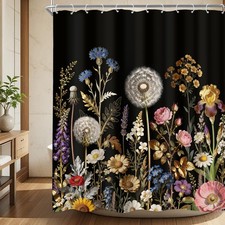 Black Boho Floral Shower Curtain 72Wx72H Inch Vintage Flowers Farmhouse Cotta...