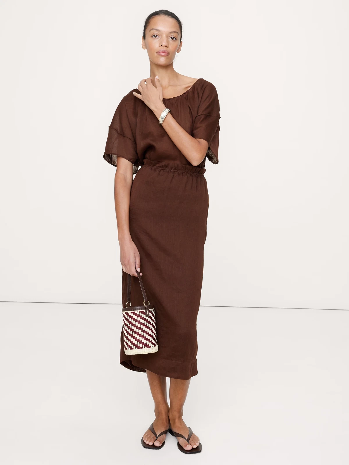 Banana Republic XS Linen-Blend Midi Skirt Espresso Brown #817718 Column Fit