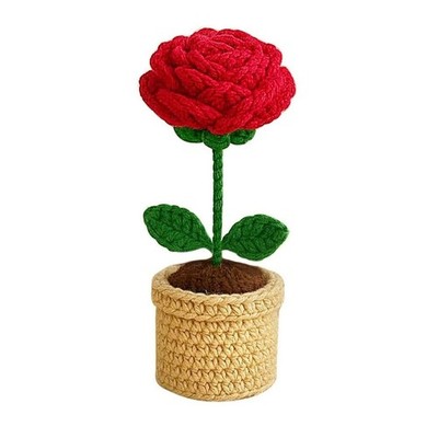 Hand Knitted Eco Friendly Crochet Artificial Hand Woven Yarn Red Rose Pot