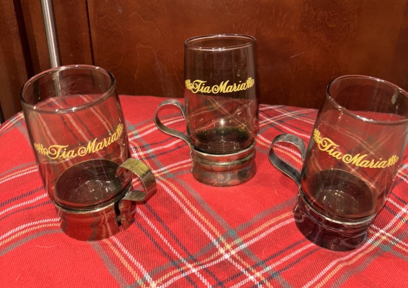 VTG SET Of 3- 1970's Tia Maria Liqueur Smoked Glass Cup w/Copper Handle and Base