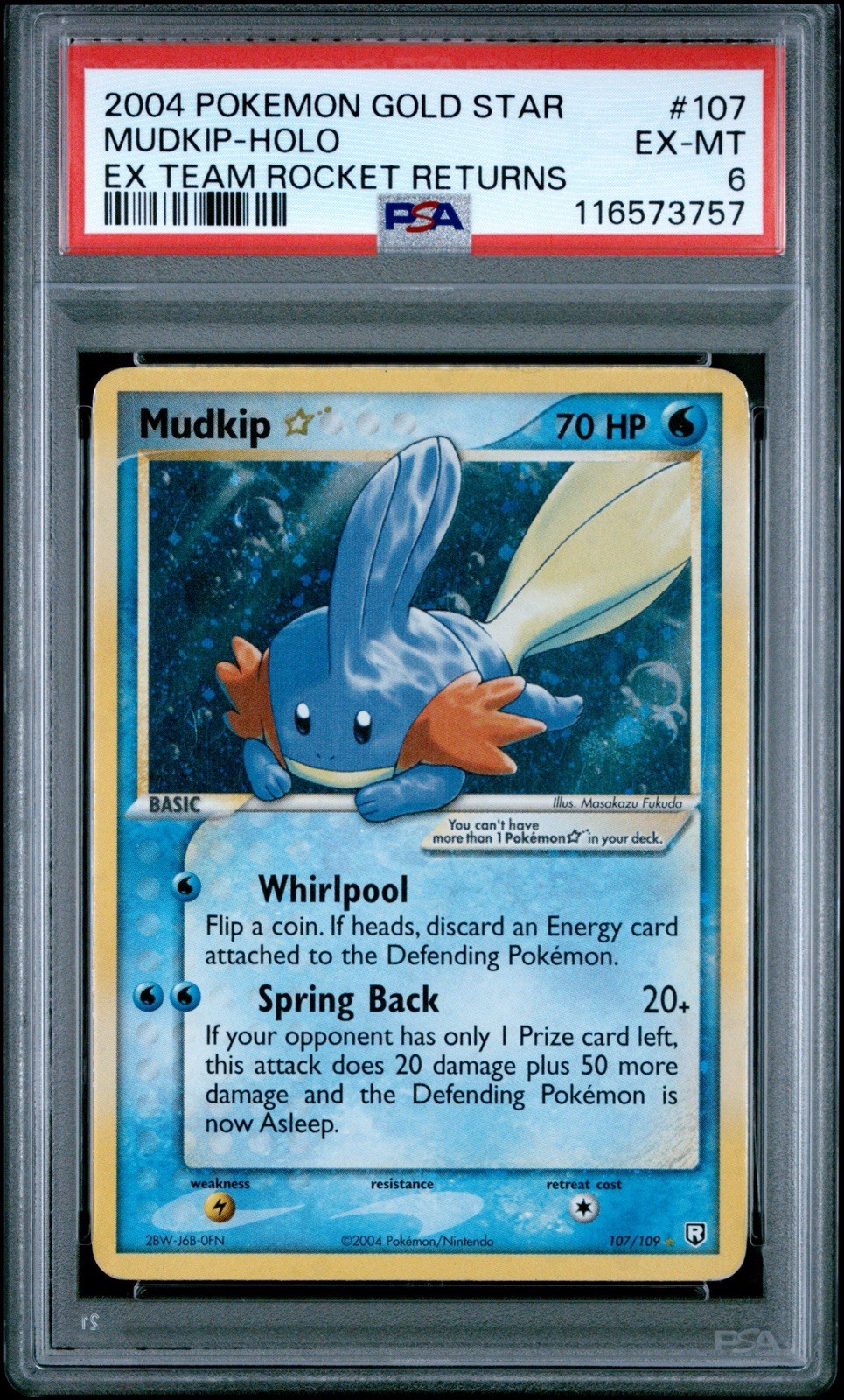 Pokemon 2004 Gold Star Mudkip 107 Holo Gold Star EX Team Rocket Returns PSA 6