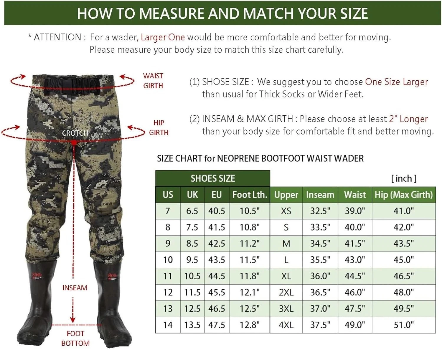 CAMOZONE Neoprene Bootfoot Waist Waders Durable Rubber Boots SIZE 12