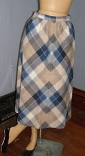 Vintage 70's blue  beige PLAID straight skirt XS S wool blend ANKLE length boho