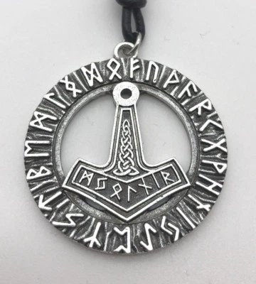 Runenring mit Thorshammer-Anhänger Odin Götter Lederband Schmuck Wikinger K10.3