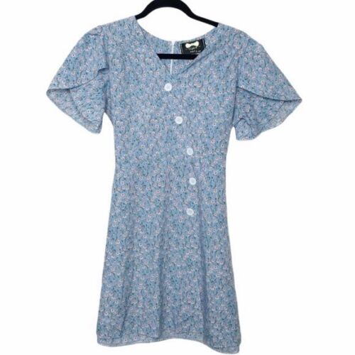 Blue Floral Mini Dress With Flutter Sleeves Approx Small