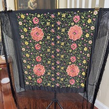 Antique CHINESE Hand Embroidered Silk ROSES Flowers PIANO SHAWL Black