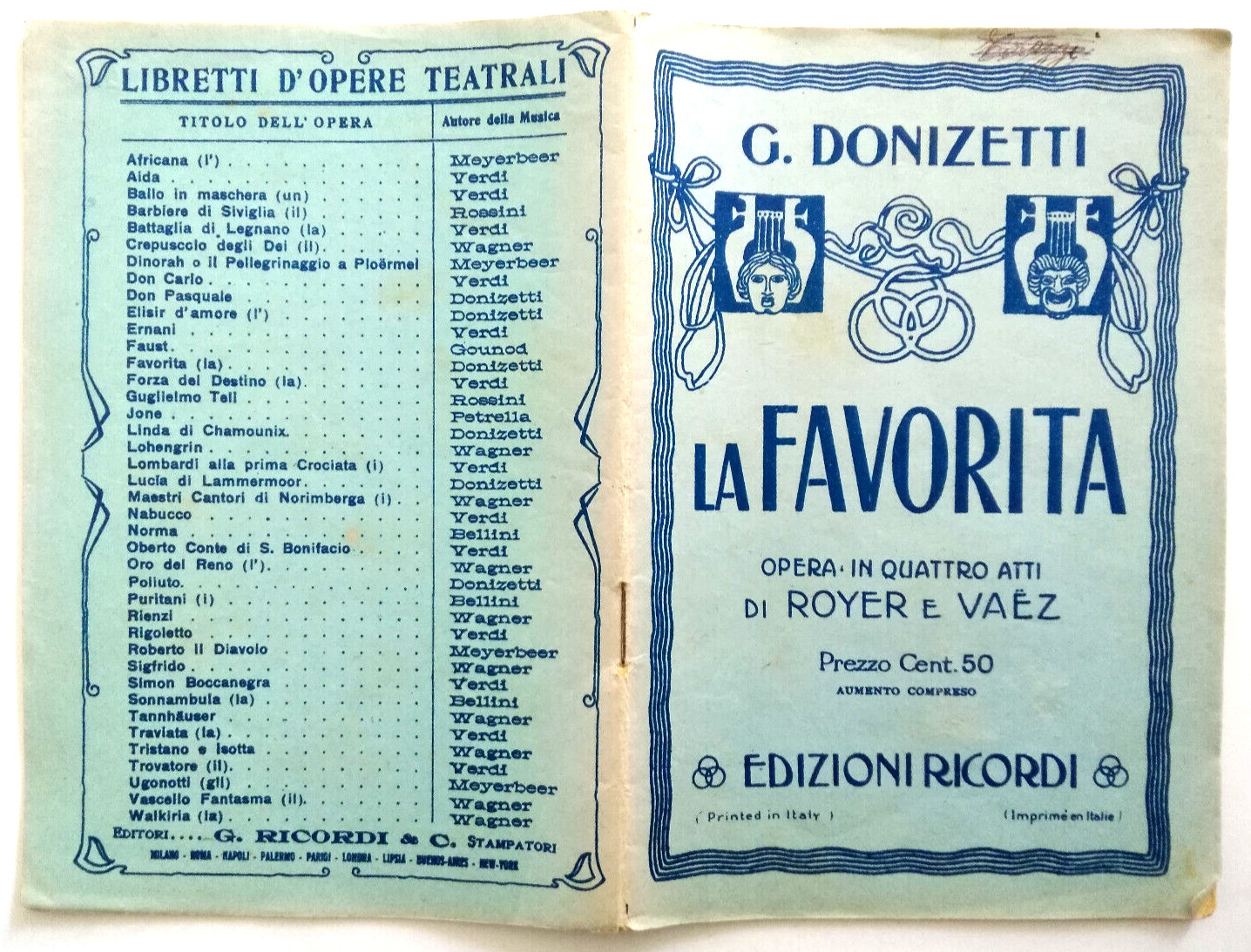 G.Donizetti La Favorita Libretto D'Opera Edizioni Ricordi Opera In Quattro Atti