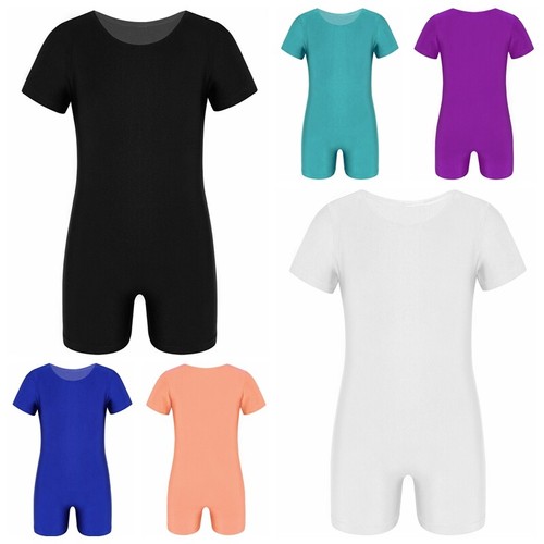 UK Kid Boys Girls Short Sleeve Gymnastic Leotard Ballet Dance Biketard Bodysuit - Picture 7 of 72
