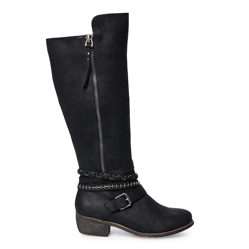 Tall black leather top boots with low heel