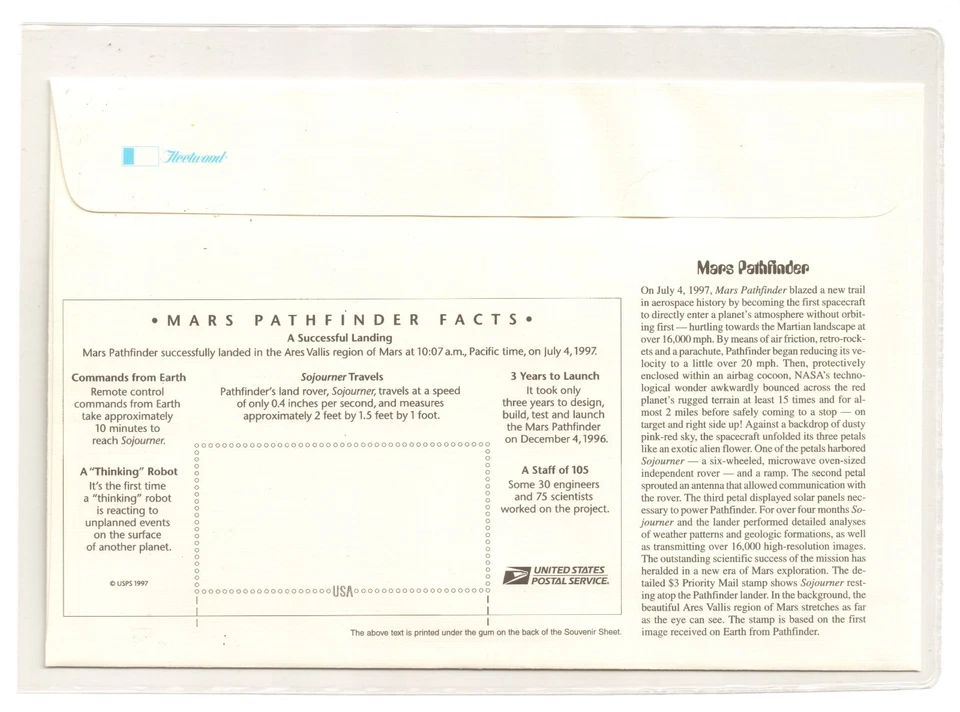 1997 US # 3178 Mars Pathfinder Sojourner S/S FDC Designer Signed & Numbered * - Image 2 of 2