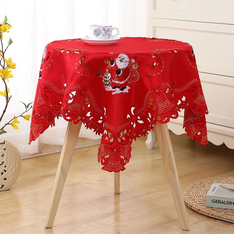 33" Vintage Embroidered Lace Christmas Tablecloth Santa Bell Round Table Topper - Image 2 of 4