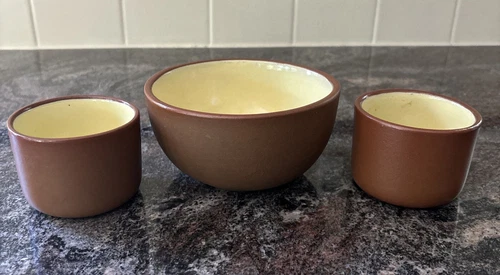 Pigeon Forge Pottery Set Of Bowl And Two Small Cups Speckled Yellow Glaze VTG
