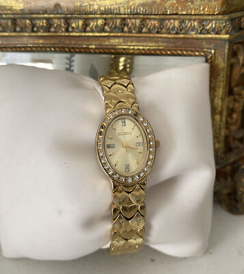 Elgin EG8070 Oval White Crystal Brushed Champagne Heart Bracelet, Women
