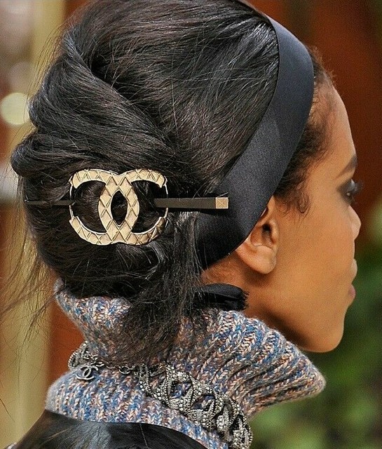 GOLD XL Runway CC CHANEL Hair Clip Barrette Black Chop Stick Pin Bun