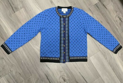 TALLY- HO VTG. WOOL SWEATER BUTTON FRONT BLUE W/PURPLE MEDIUM