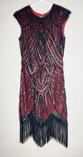 Babeyond Flapper Dress 1920 Beaded/Fringed/Sequins Size Small Black/Red