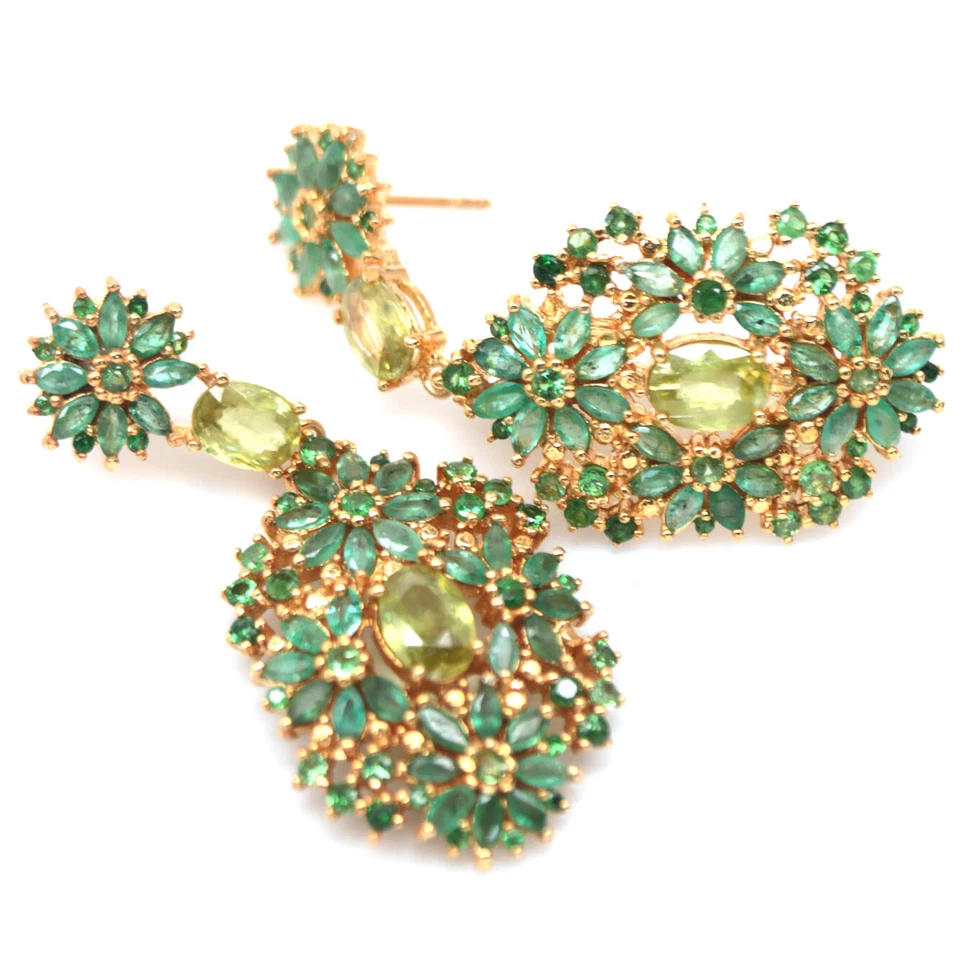 Plata de ley 925 5 x 7 mm. Pendientes de esfena verde, esmeralda y tsavorita Foto 2 de 4