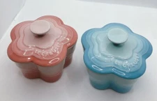 Le Creuset Fleur Flower Ramekin 9cm Set of 2 with Lid Pink Blue Used From Japan