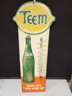 Teem Soda Pop Drink Tin Advertising Thermometer Original Green Tube 27''