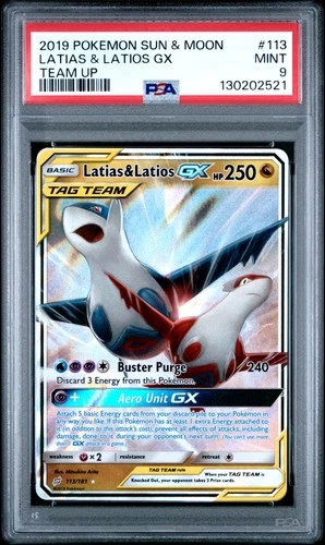 2019 POKEMON SUN & MOON TEAM UP #113 LATIAS & LATIOS GX PSA 9