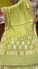 Green 100 khadi Chiffon Sari Zari Banarasi Woven Designer Saree With Blouse Pce