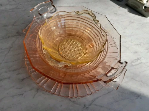 Pink & Yellow Depression Glass Set of 5 Vintage Serving Bowls Plate Candy Dish
