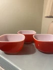 Vintage Pyrex 407 B-10 7 Oz. Lot Of 3 Small Red Square Bowls  2" x 3.5" Lot Of 3