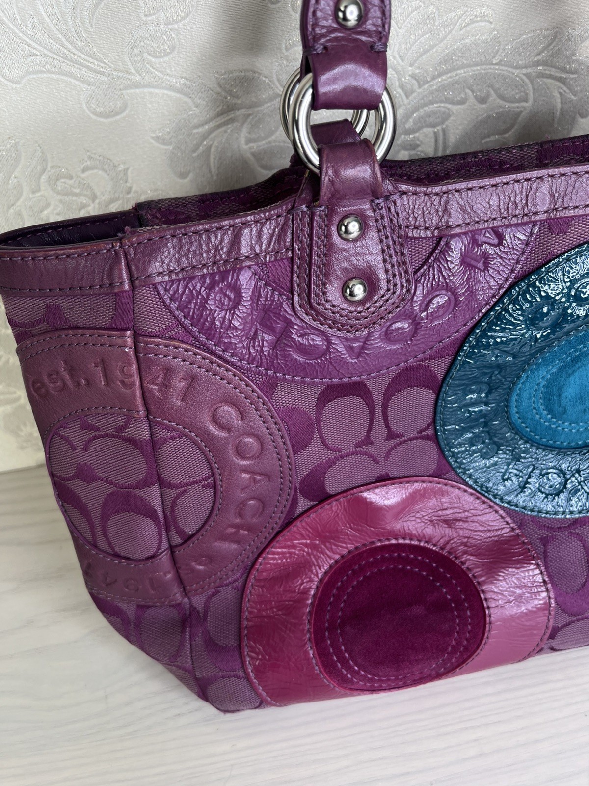 Coach Circle Patchwork Berry/Multicolor Tote Hand… - image 5