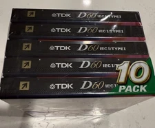 TDK D60 Sealed Audio Cassette Tape Media High Output Type I / IEC 1 - 10 Pack
