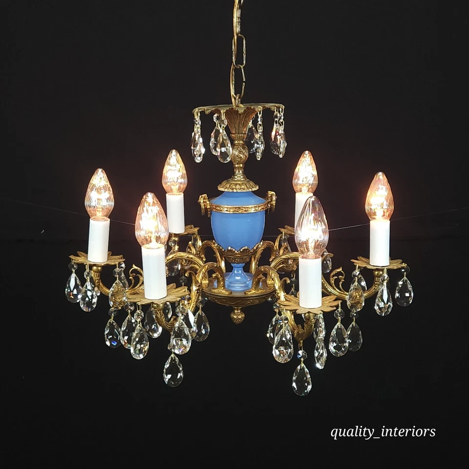 Antigua araña francesa de latón pátina oscura azul imperial imperio 6 brazos 6 luces Foto 4 de 4