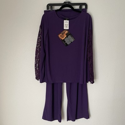 IMAN Global Chic 2-pc Purple  Stretch Long Sleeve Blouse & Pant Set Size M NEW