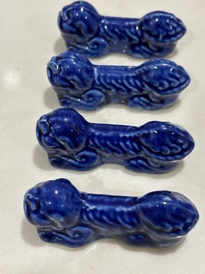 Dogs Of Foo Chopstick Knife Rests Ceramic Cobalt Blue x 4 Chinese Guardian Lions