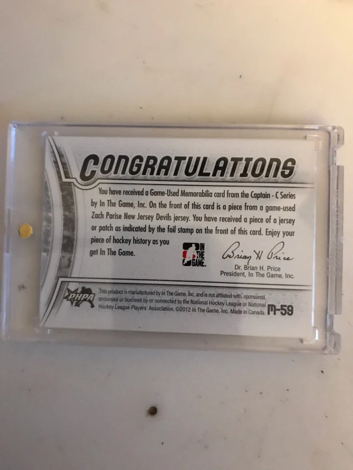 2012 INTHEGAME ZACH PARISE#M-59 CAPTAIN C 3 COLOR JERSEY..1/1 SILVER PATCH - Image 2 of 2