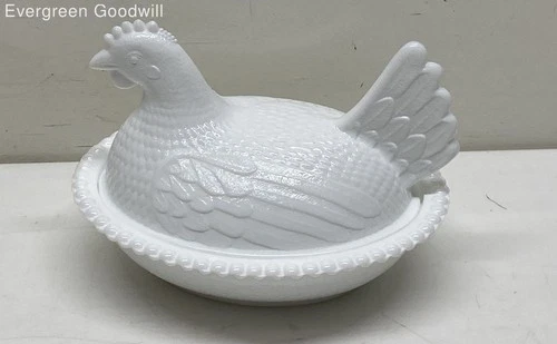 Vintage Indiana White Milk Glass Hen on Nest Candy Dish