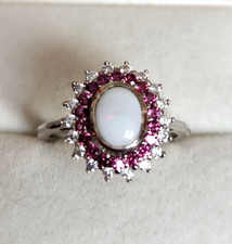 Australian Opal and Multi Gemstone Double Halo Ring in Platinum SS 1.75 ctw Sz 9