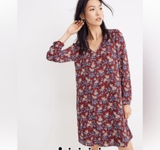 Madewell Antique Flora Dress Sz S  Wine Red Floral Long Sleeve Mini Button-Back