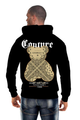 Avenue George V Paris Men's Long Sleeves Black Hoodie Golden Print Teddy Bear