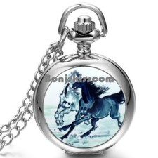 Running Horse Pattern Silver Tone Round Pocket Quartz Watch Pendant Necklace