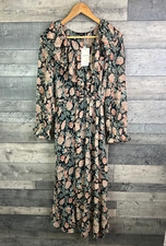 Mango MNG Midi Dress Size UK 12 Black Peach Floral Chiffon Ruffle Long Sleeves