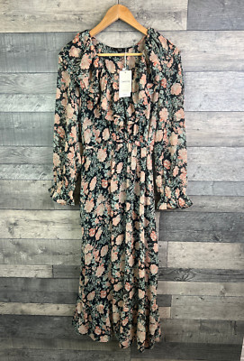 Mango MNG Midikleid Gr. UK 12 schwarz pfirsich Blumen Chiffon Rüschen Langarm